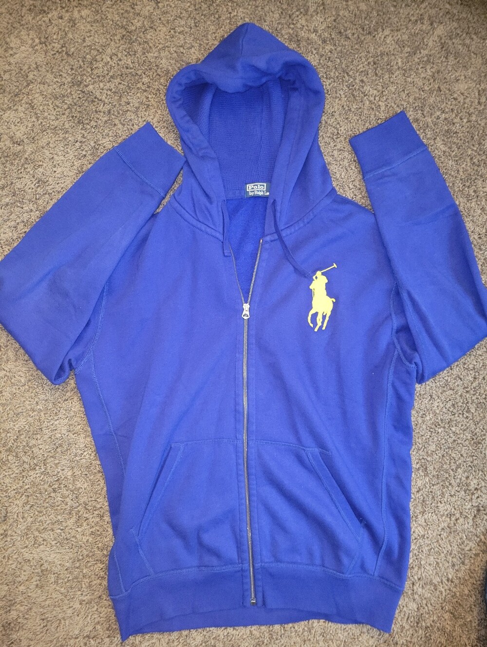 Mens RALPH LAUREN POLO Logo Blue Yellow Zip Up Hooded Sweater Jacket Style XL